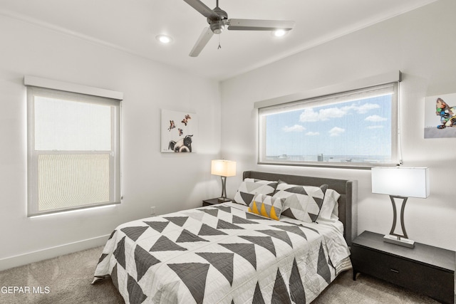 bedroom with recessed lighting, light carpet, ceiling fan, and baseboards