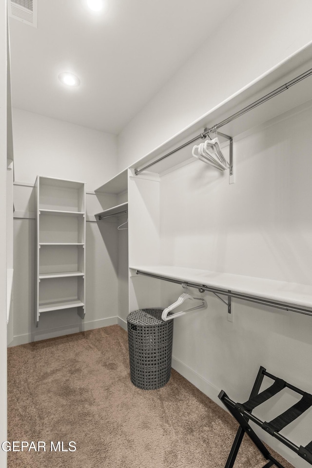 spacious closet featuring light carpet and visible vents