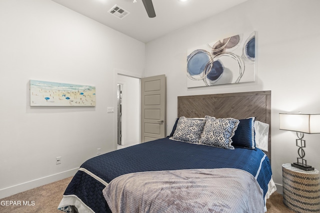 bedroom with ceiling fan, carpet flooring, visible vents, and baseboards