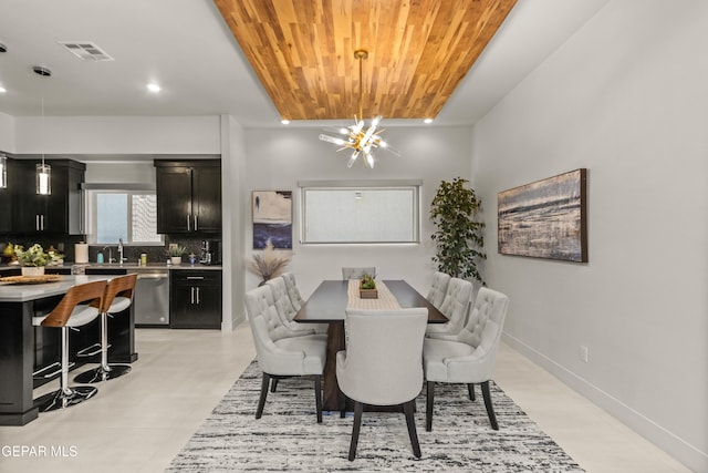 dining area with baseboards, visible vents, wood ceiling, a notable chandelier, and recessed lighting