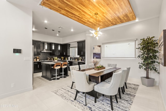 dining area with recessed lighting, wooden ceiling, baseboards, and an inviting chandelier