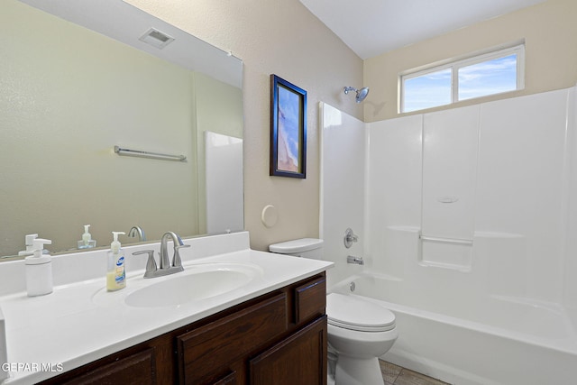 bathroom with shower / bath combination, visible vents, vanity, and toilet