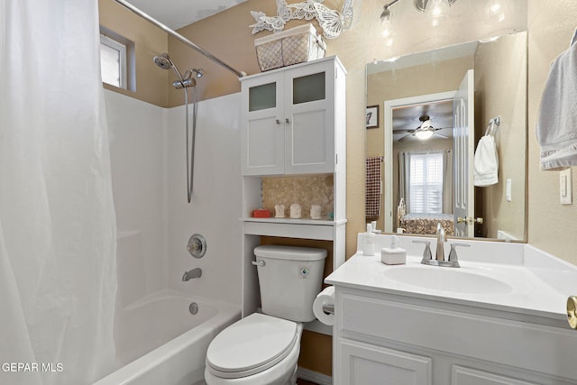 full bathroom featuring toilet, shower / bathtub combination, and vanity