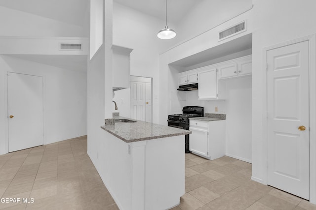 kitchen with visible vents, white cabinets, black range with gas cooktop, a sink, and under cabinet range hood