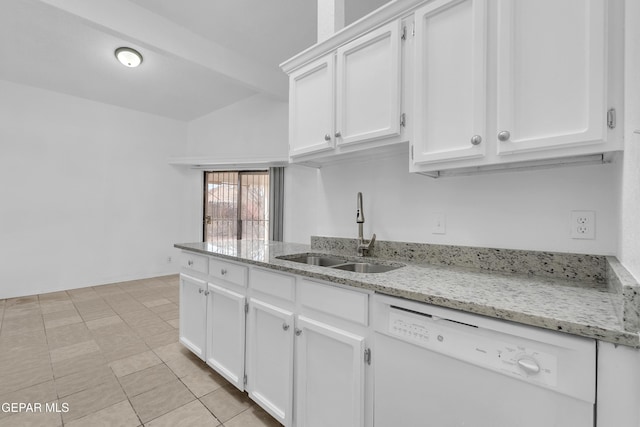 kitchen with lofted ceiling, white dishwasher, a sink, white cabinetry, and light stone countertops