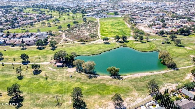 bird's eye view featuring a water view, a residential view, and golf course view