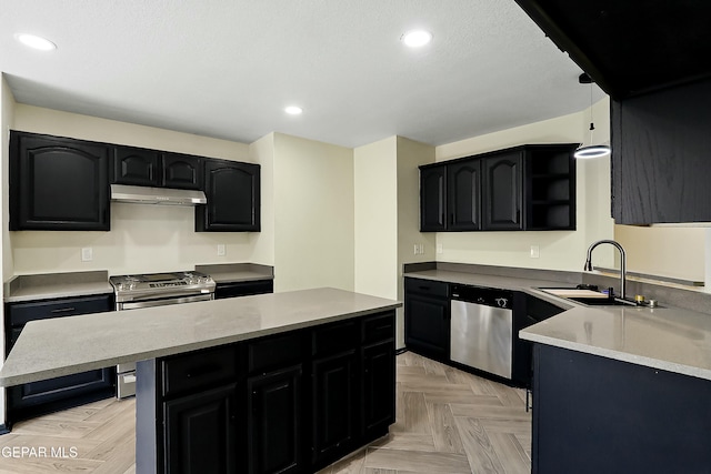 kitchen featuring decorative light fixtures, open shelves, stainless steel appliances, dark cabinetry, and under cabinet range hood