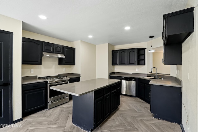 kitchen with under cabinet range hood, dark cabinets, a sink, appliances with stainless steel finishes, and open shelves