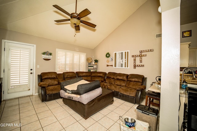 living area with light tile patterned floors, ceiling fan, high vaulted ceiling, and visible vents