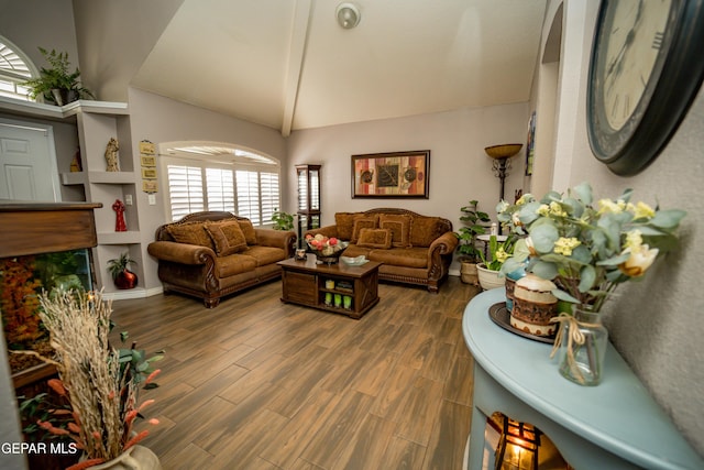 living area featuring lofted ceiling and dark wood finished floors