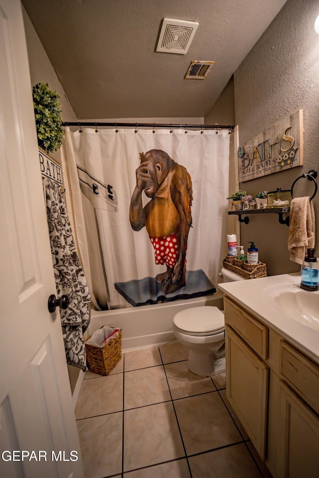 bathroom featuring shower / tub combo, visible vents, a textured ceiling, and tile patterned floors