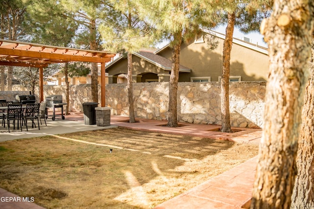 exterior space featuring fence, a patio, and a pergola