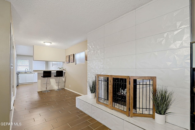 interior space featuring a textured ceiling, wood finish floors, a sink, and baseboards