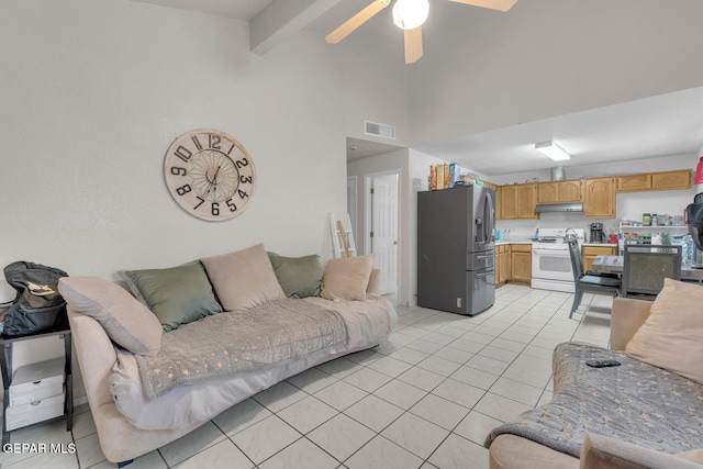 living area with light tile patterned floors, ceiling fan, high vaulted ceiling, visible vents, and beam ceiling