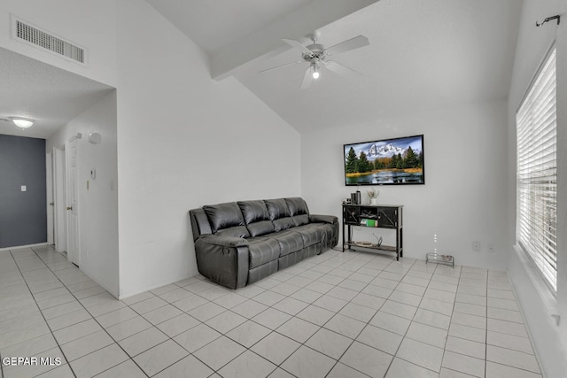 living area featuring light tile patterned floors, visible vents, ceiling fan, high vaulted ceiling, and beam ceiling