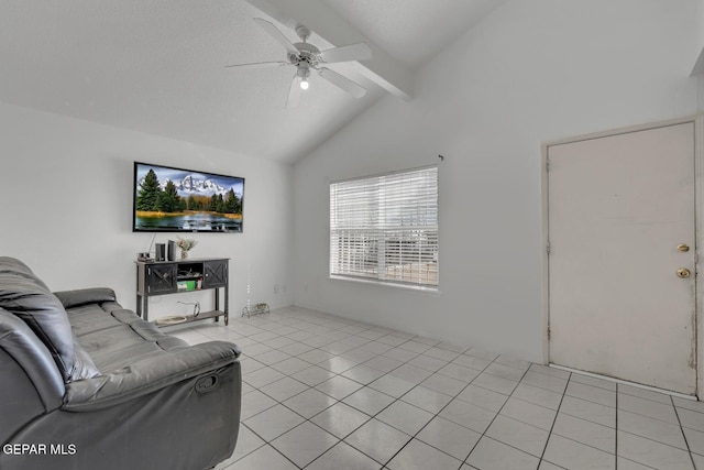 living room featuring light tile patterned floors, vaulted ceiling with beams, a textured ceiling, and ceiling fan