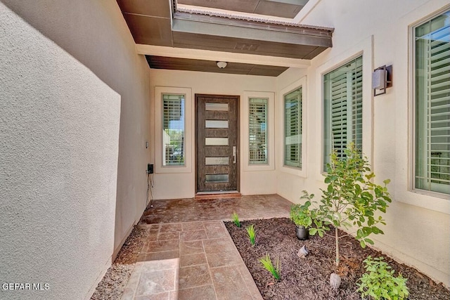 doorway to property featuring stucco siding