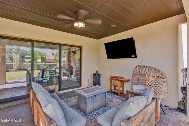 exterior space featuring ceiling fan and an outdoor hangout area