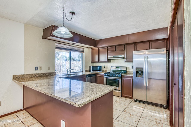 kitchen with stainless steel appliances, a peninsula, a sink, and decorative light fixtures