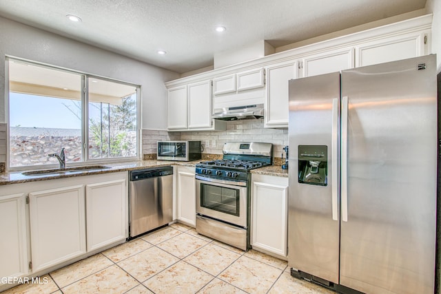 kitchen with tasteful backsplash, white cabinets, a sink, appliances with stainless steel finishes, and under cabinet range hood