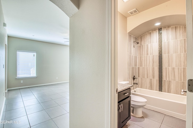 full bath featuring tile patterned flooring, toilet, shower / bath combination, vanity, and visible vents