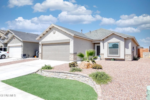 ranch-style house with a garage, stone siding, driveway, and stucco siding