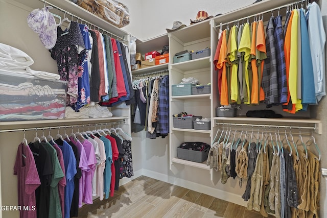 walk in closet with wood finished floors