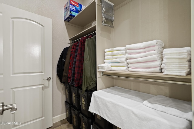 walk in closet with wood finished floors