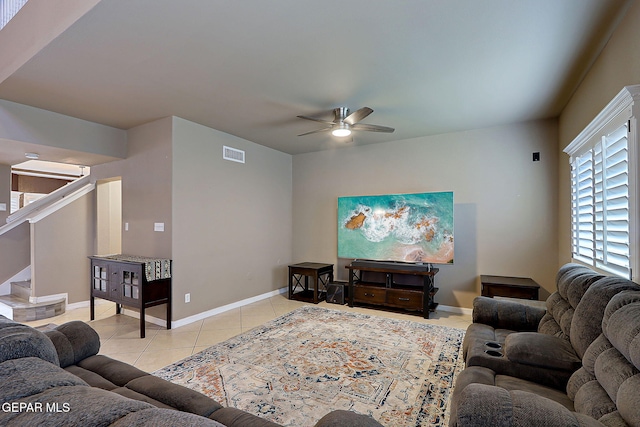 3537 Tierra Bahia Dr, El Paso, TX 79938 - living room featuring tile patterned floors, visible vents, a ceiling fan, baseboards, and stairs