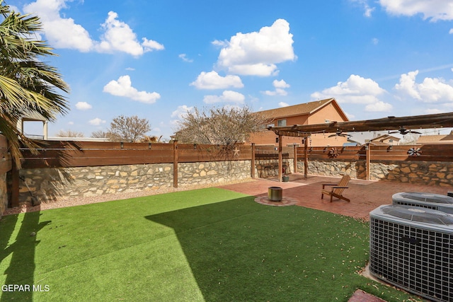 3537 Tierra Bahia Dr, El Paso, TX 79938 - view of yard featuring a ceiling fan, a fenced backyard, cooling unit, a patio area, and a pergola