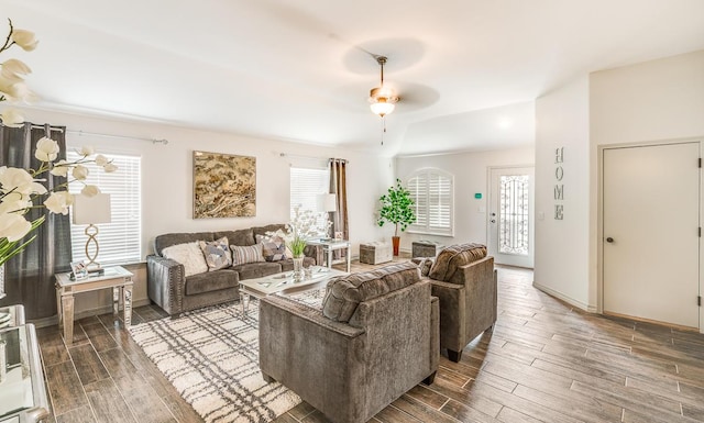 14291 Armando Silva Dr, El Paso, TX 79938 - living room with wood tiled floor, baseboards, and ceiling fan