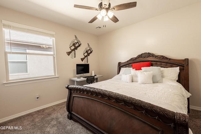 bedroom with a ceiling fan, carpet, visible vents, and baseboards