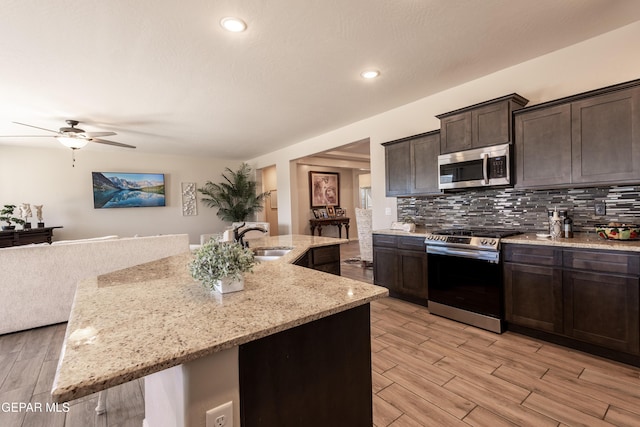 kitchen featuring appliances with stainless steel finishes, wood finish floors, a sink, and decorative backsplash