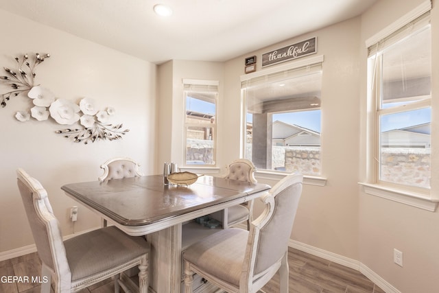 dining space featuring baseboards and wood finished floors