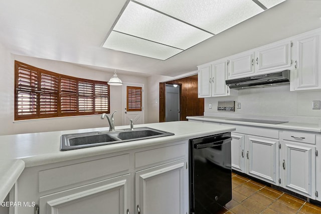 kitchen featuring white cabinets, under cabinet range hood, light countertops, black appliances, and a sink