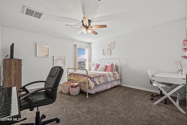 bedroom with baseboards, visible vents, dark colored carpet, and a ceiling fan