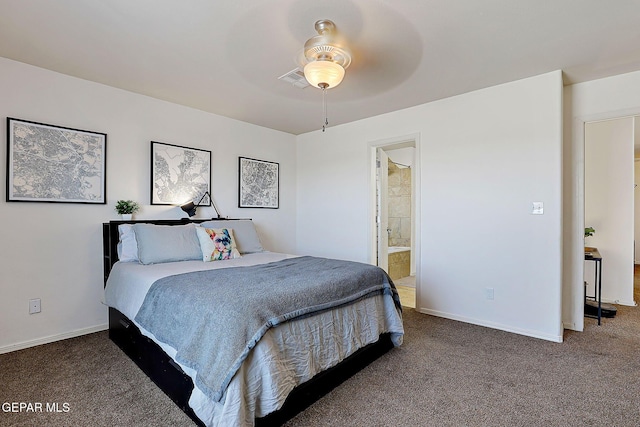 bedroom featuring carpet floors, visible vents, ensuite bath, and baseboards