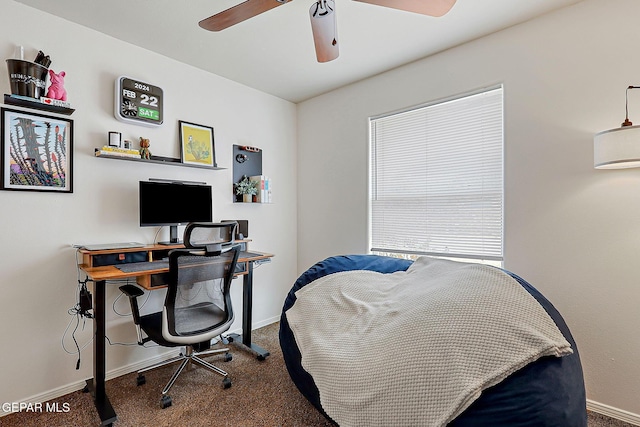 bedroom featuring carpet flooring, a ceiling fan, and baseboards