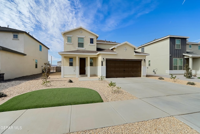 view of front of property with central air condition unit, driveway, an attached garage, and stucco siding