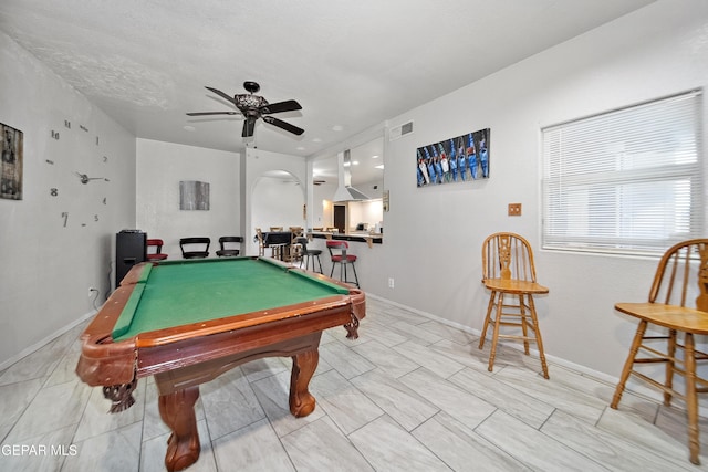 game room featuring a ceiling fan, pool table, visible vents, and baseboards