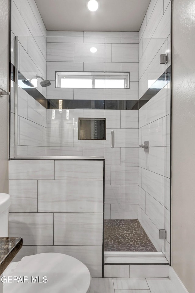 bathroom featuring toilet, plenty of natural light, and a shower stall