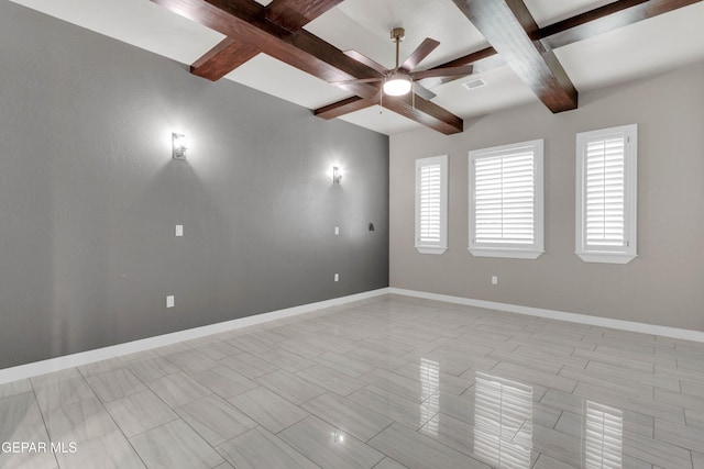 unfurnished room featuring coffered ceiling, visible vents, a ceiling fan, baseboards, and beam ceiling