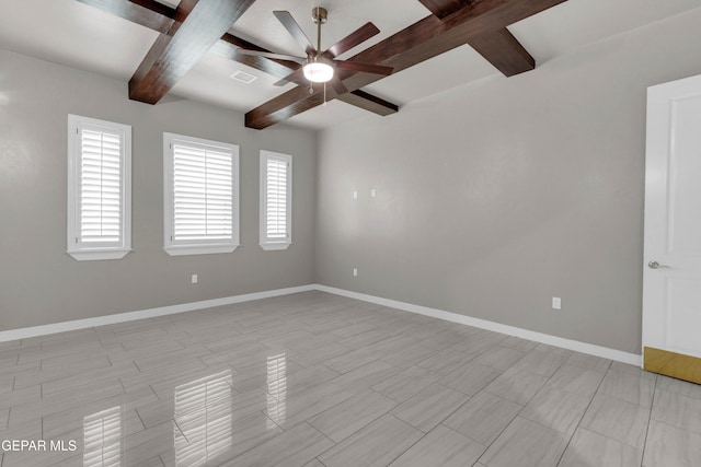 spare room featuring beam ceiling, visible vents, ceiling fan, and baseboards