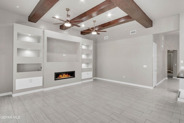 unfurnished living room featuring a warm lit fireplace, a ceiling fan, visible vents, and baseboards