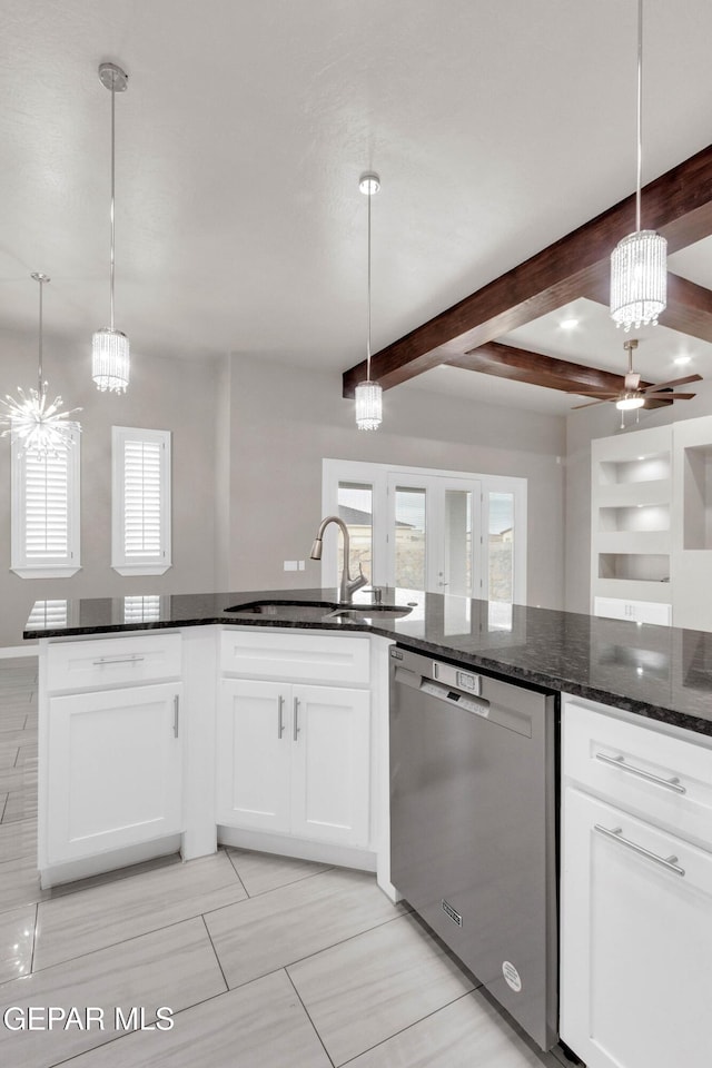 kitchen featuring dishwasher, dark stone countertops, beam ceiling, white cabinetry, and a sink