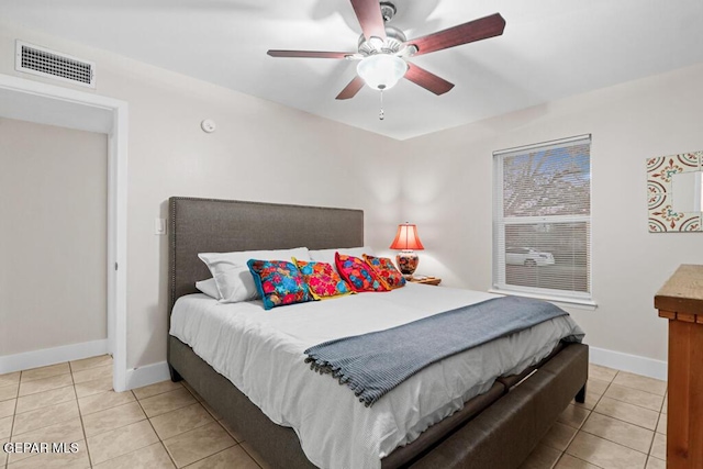 bedroom featuring ceiling fan, tile patterned flooring, visible vents, and baseboards