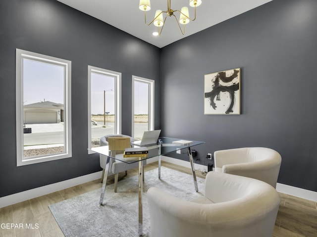 home office featuring a notable chandelier, recessed lighting, wood finished floors, and baseboards