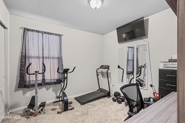 workout area with a textured ceiling, carpet floors, and baseboards