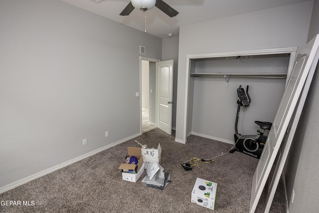 unfurnished bedroom featuring a closet, carpet flooring, ceiling fan, and baseboards