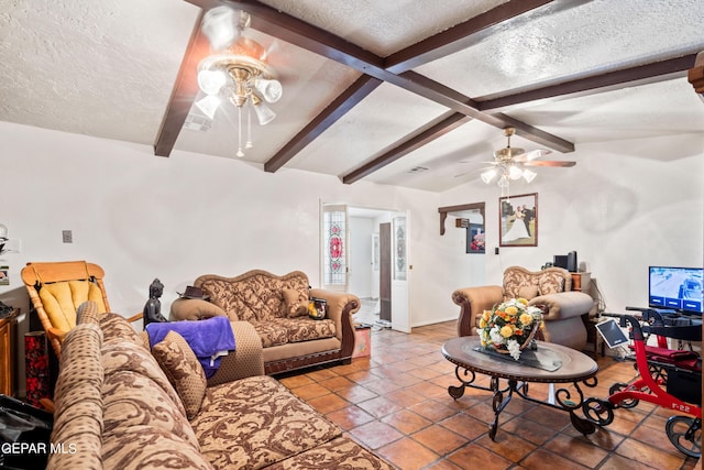 living room featuring visible vents, a ceiling fan, vaulted ceiling with beams, tile patterned flooring, and a textured ceiling